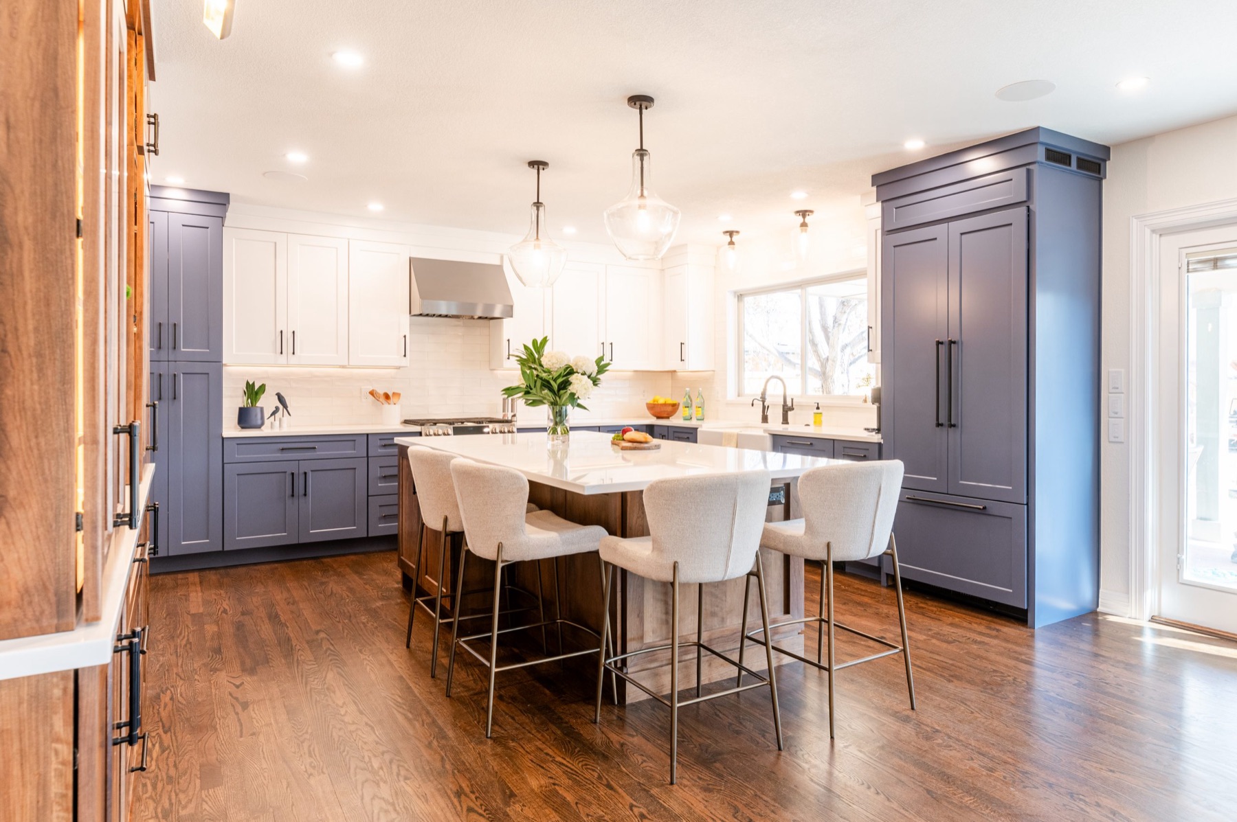 S. Clayton St. kitchen and dining with blue cabinetry
