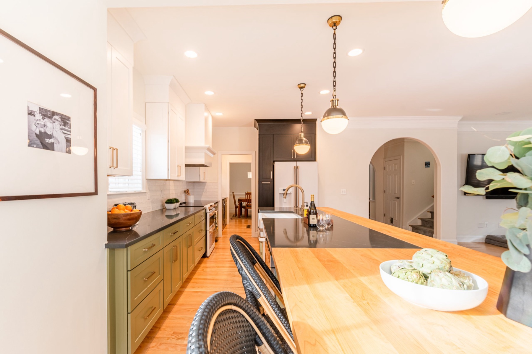 Dayton St. kitchen with olive green island